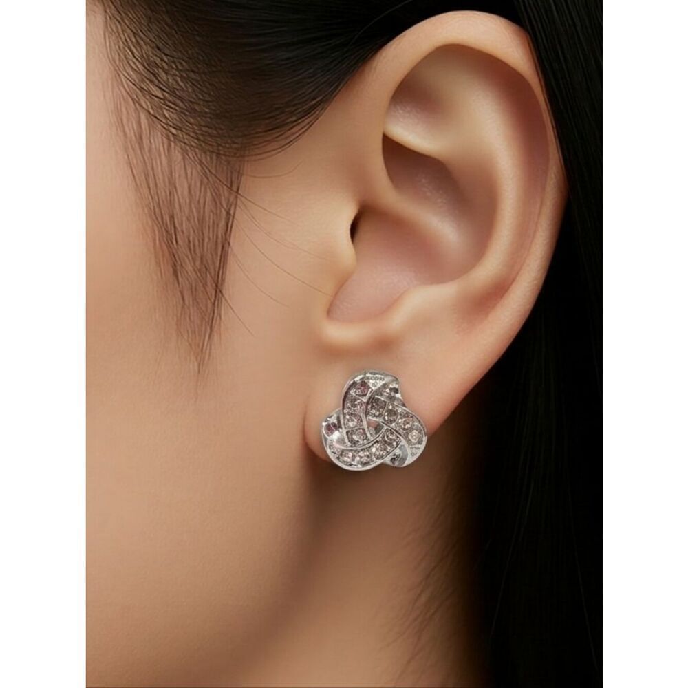Silver Rhinestone Love Knot Criss-Cross Stud Earrings | Mini Clear Crystal Studs